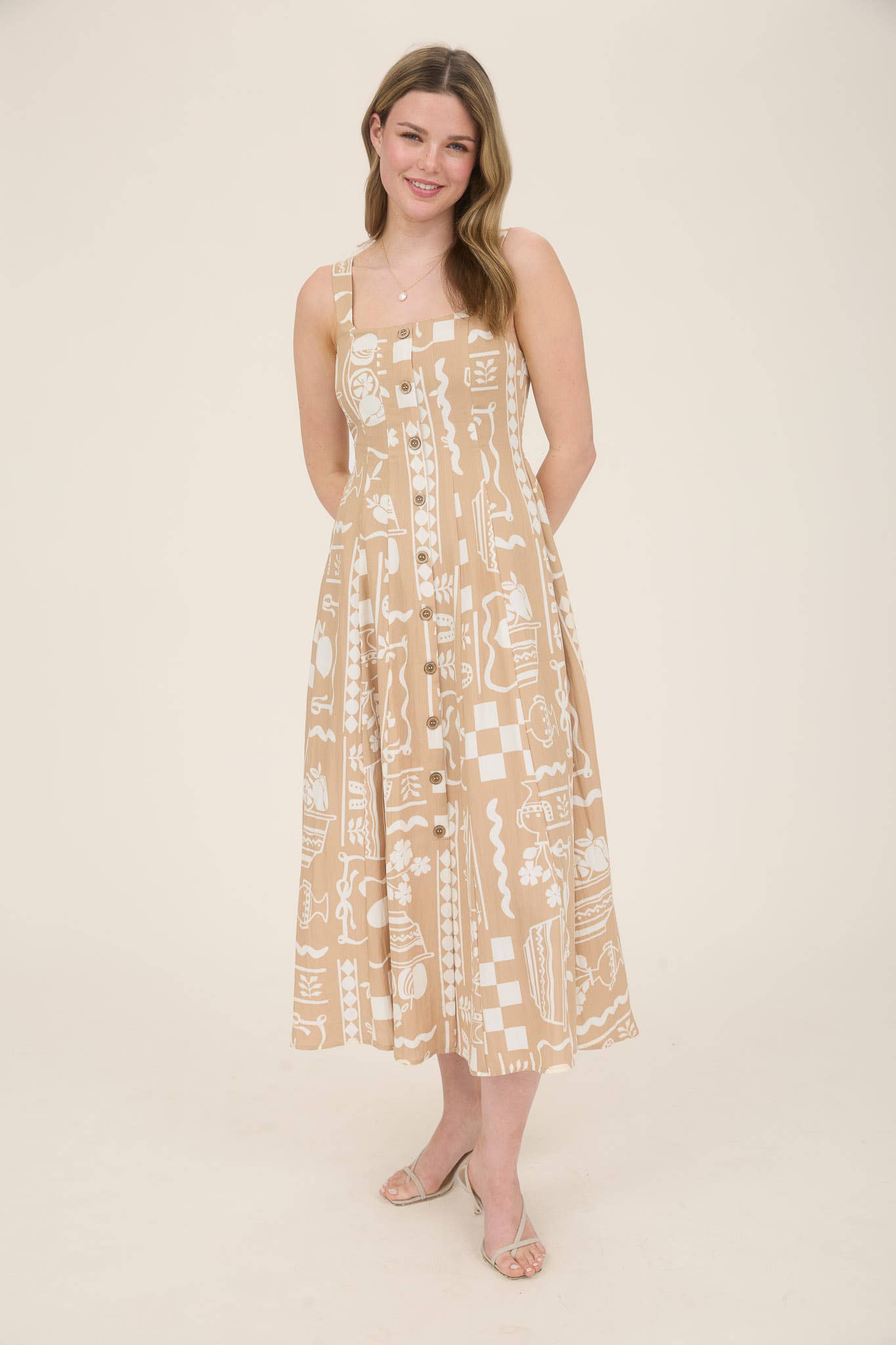 CR2560 BUTTON DOWN SLEEVELESS MIDI DRESS: KHAKI