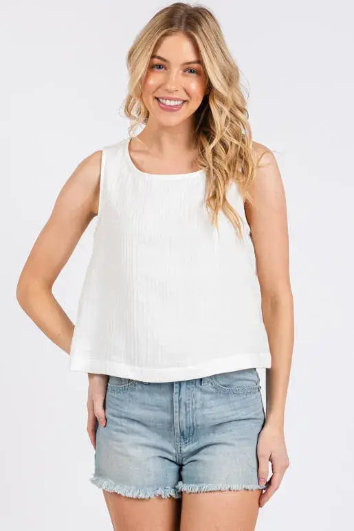 Cotton Gauze Round Neck Sleeveless Top - NT31273A: Black
