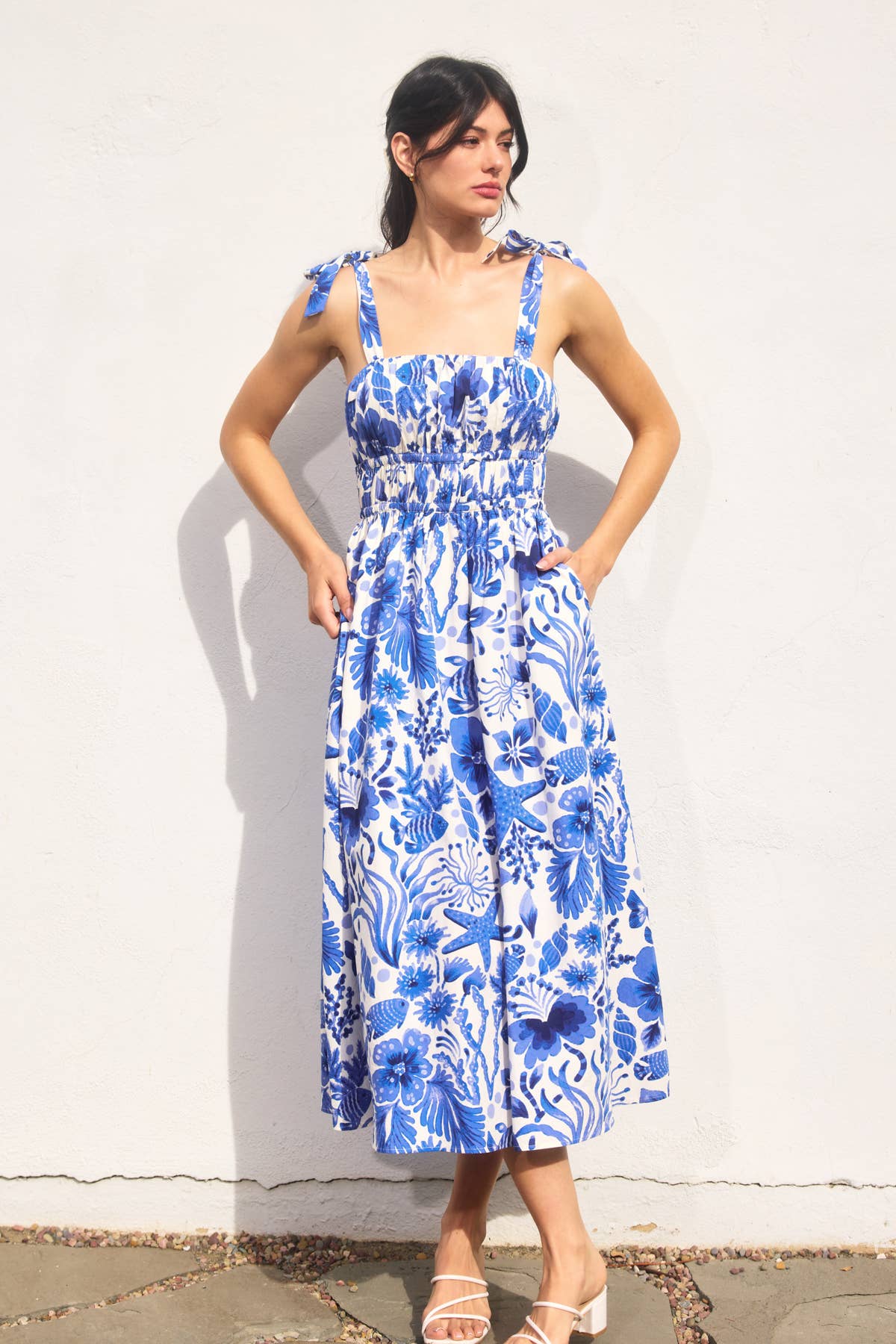 Under The Sea Shirred Fit And Flare Midi Dress: VISTA BLUE / FD11402-P1874