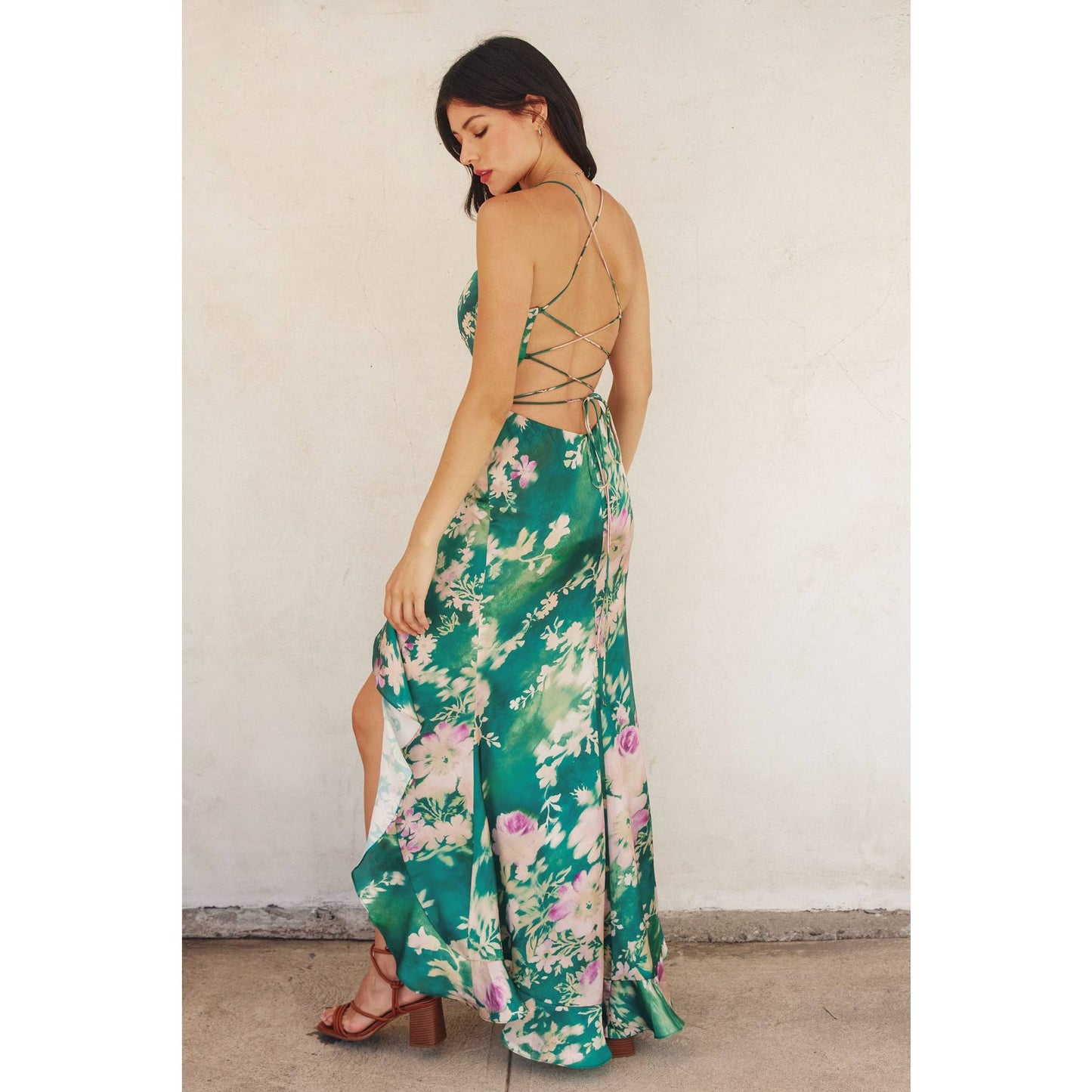 Giverny Open Back Ruffled Maxi Dress: EVERGREEN GARDEN / FD9733-P1759