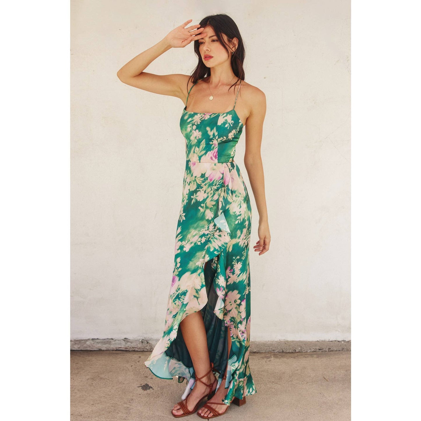 Giverny Open Back Ruffled Maxi Dress: EVERGREEN GARDEN / FD9733-P1759