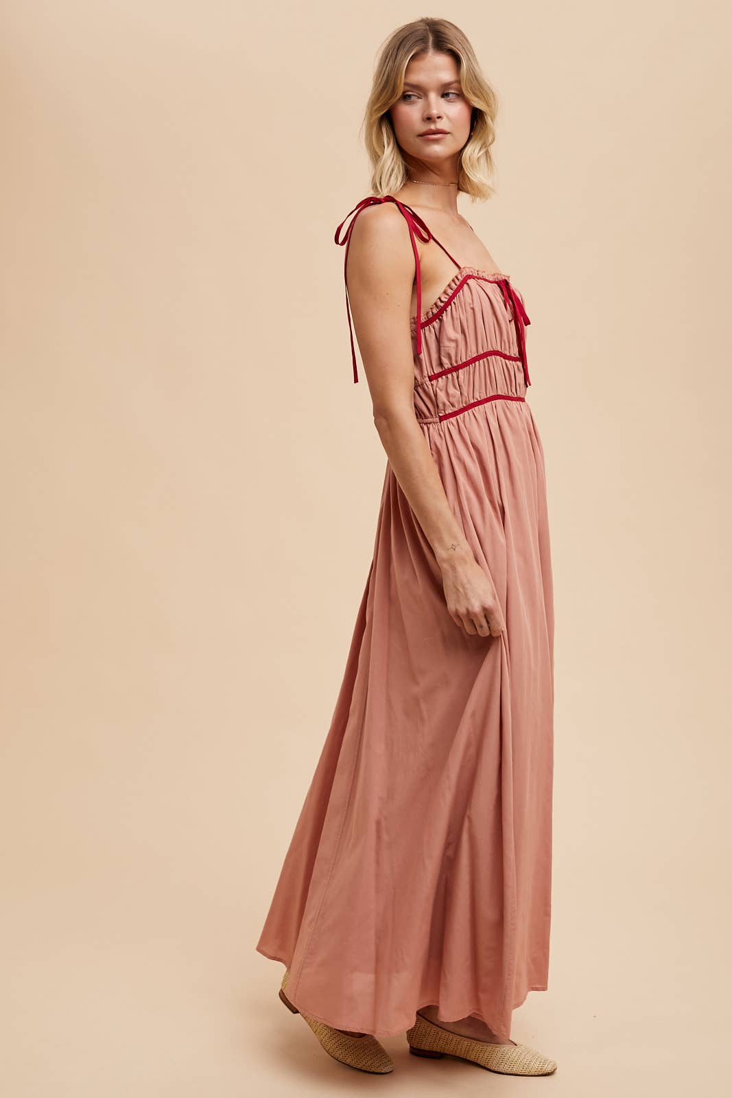 COTTON BLEND CONTRAST TRIM MAXI DRESS: EUCALYPTUS / ILD5742