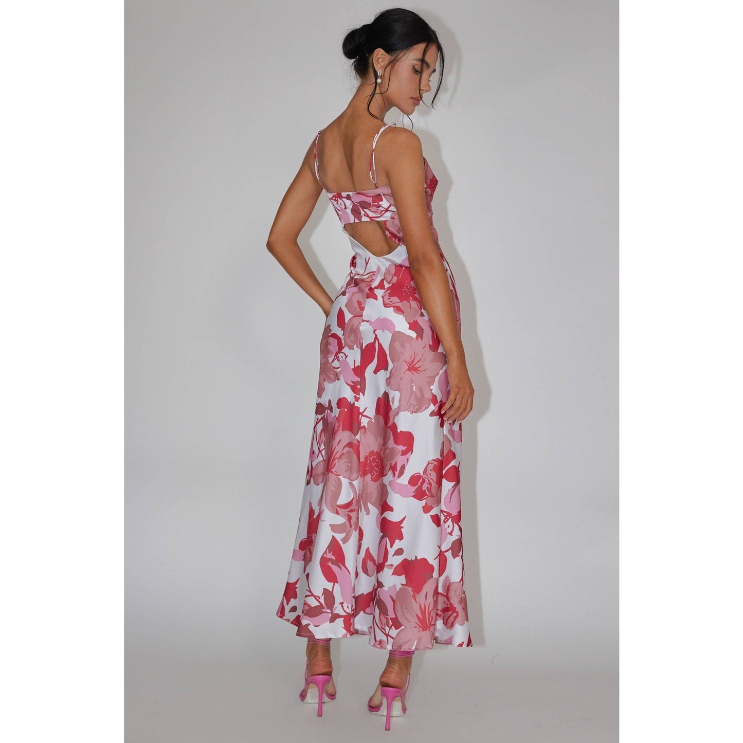 FLORAL PRINT V NECKLINE MAXI DRESS: PINK / CM6196D