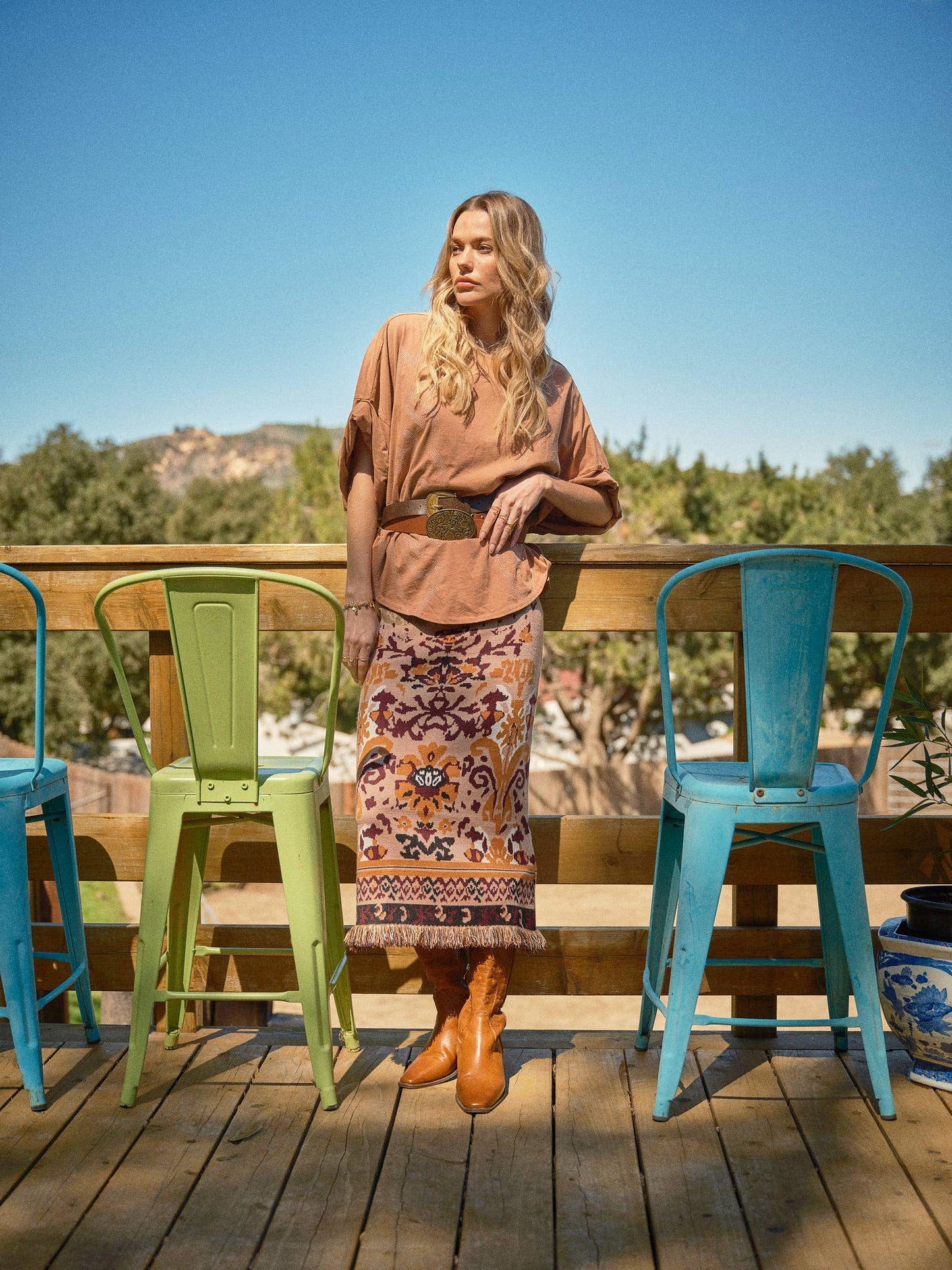 52084W - Ethnic Knit Fringe Midi Skirt: TAUPE / blueb
