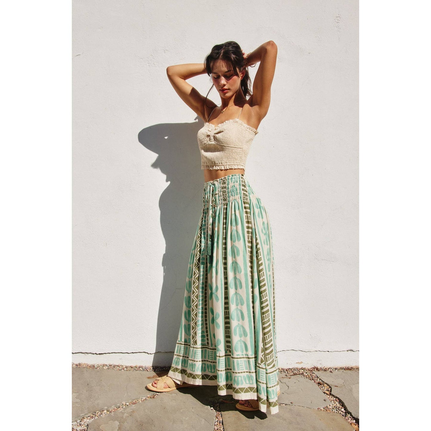 Island Time Smocked Hip Midi Skirt: MEADOW MIST / FS12202-P1969