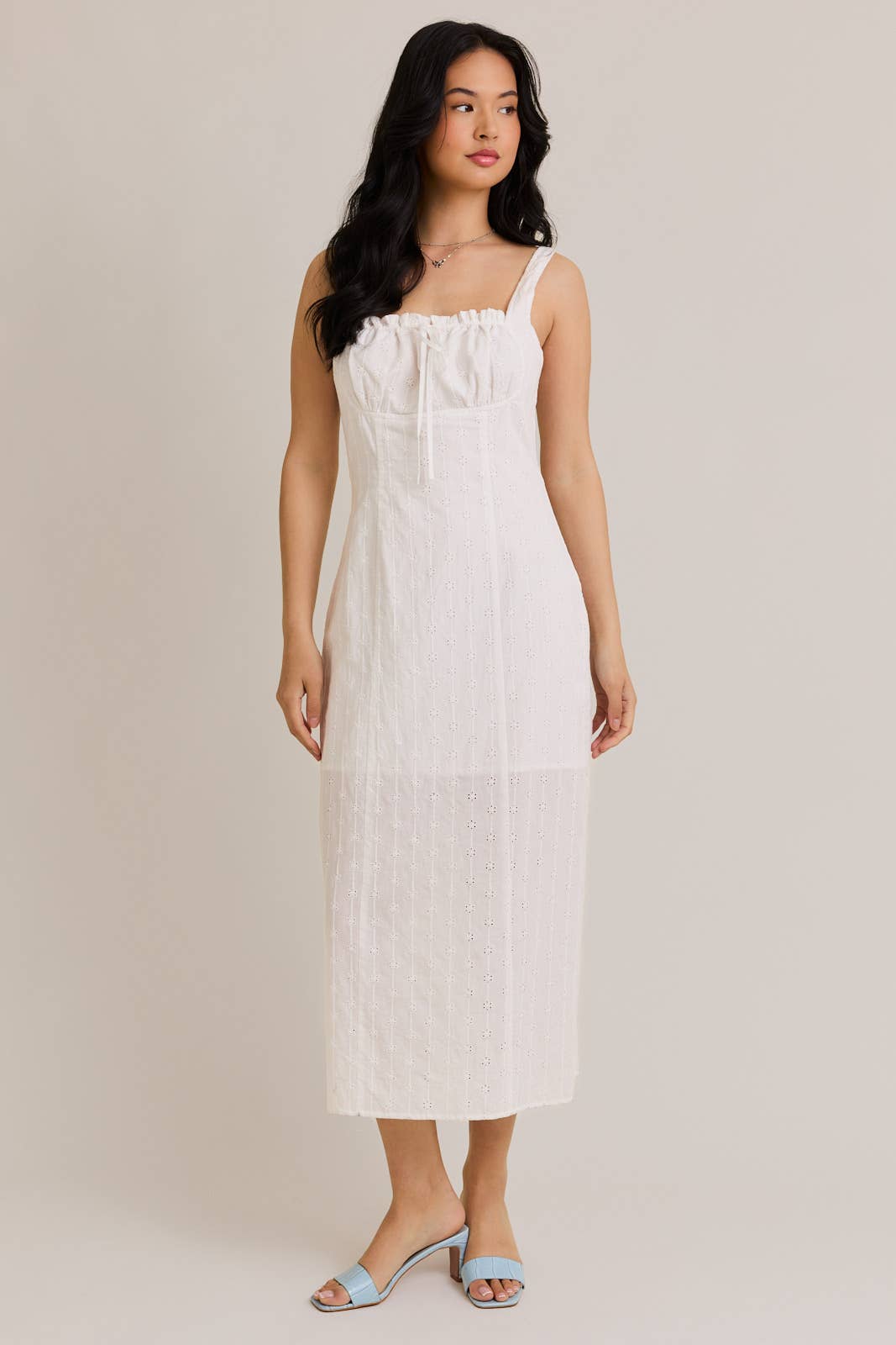 SHIRRED NECK EYELET MAXI DRESS: White