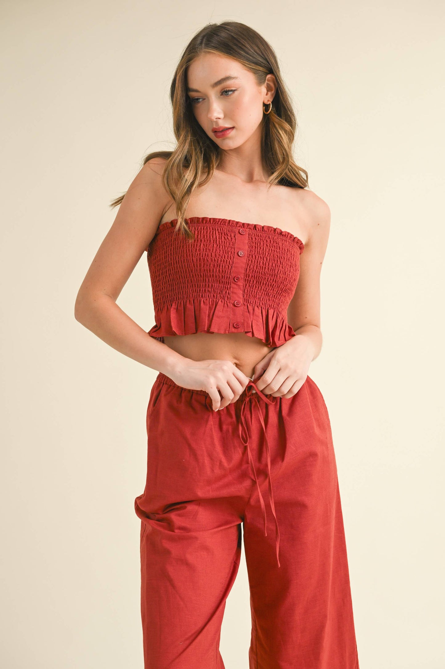 💖Top Only💖 IST5605 LINEN SMOCKED STRAPLESS TOP: DARK DENIM