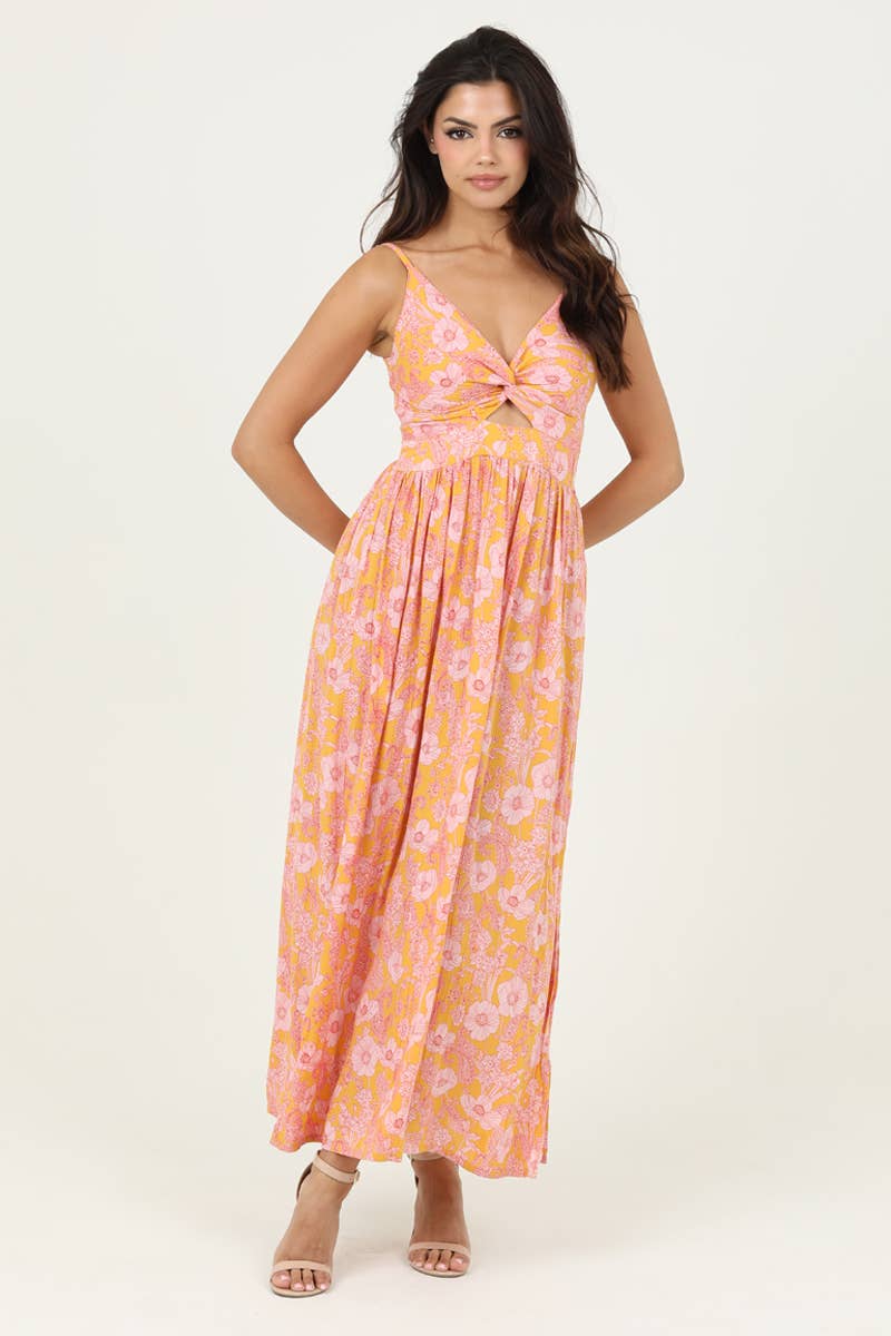 F4B48-A798 V NECK TWIST FRONT CUT OUT MAXI DRESS