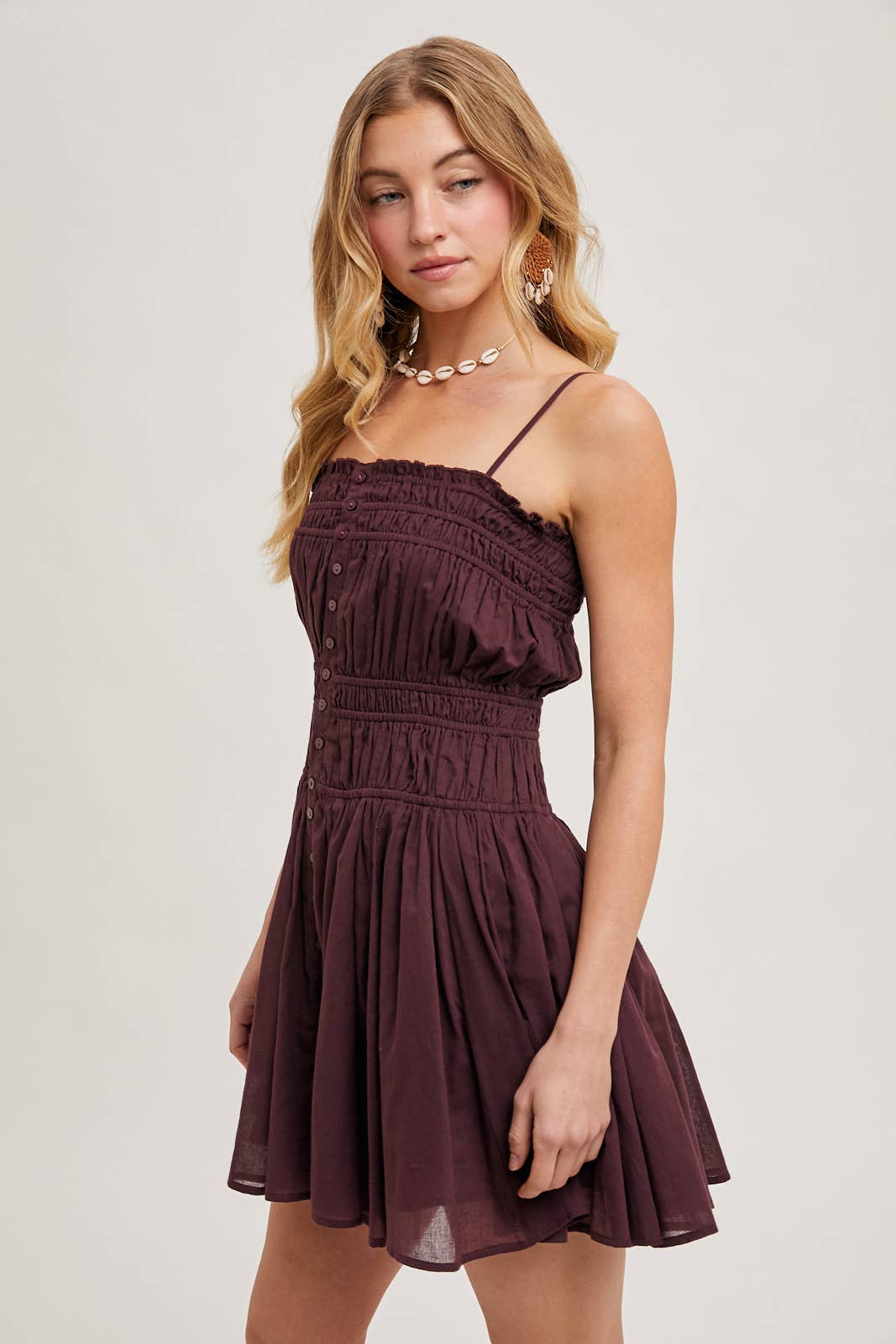SMOCKED BUTTON DOWN SLEEVELESS MINI SLIP DRESS: PLUM / D02287