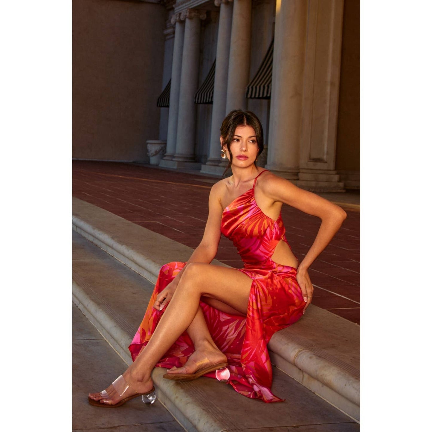 Sunset Lover One Shoulder Ruched Maxi Dress: FLAME SCARLET / FD12686-P1931_1
