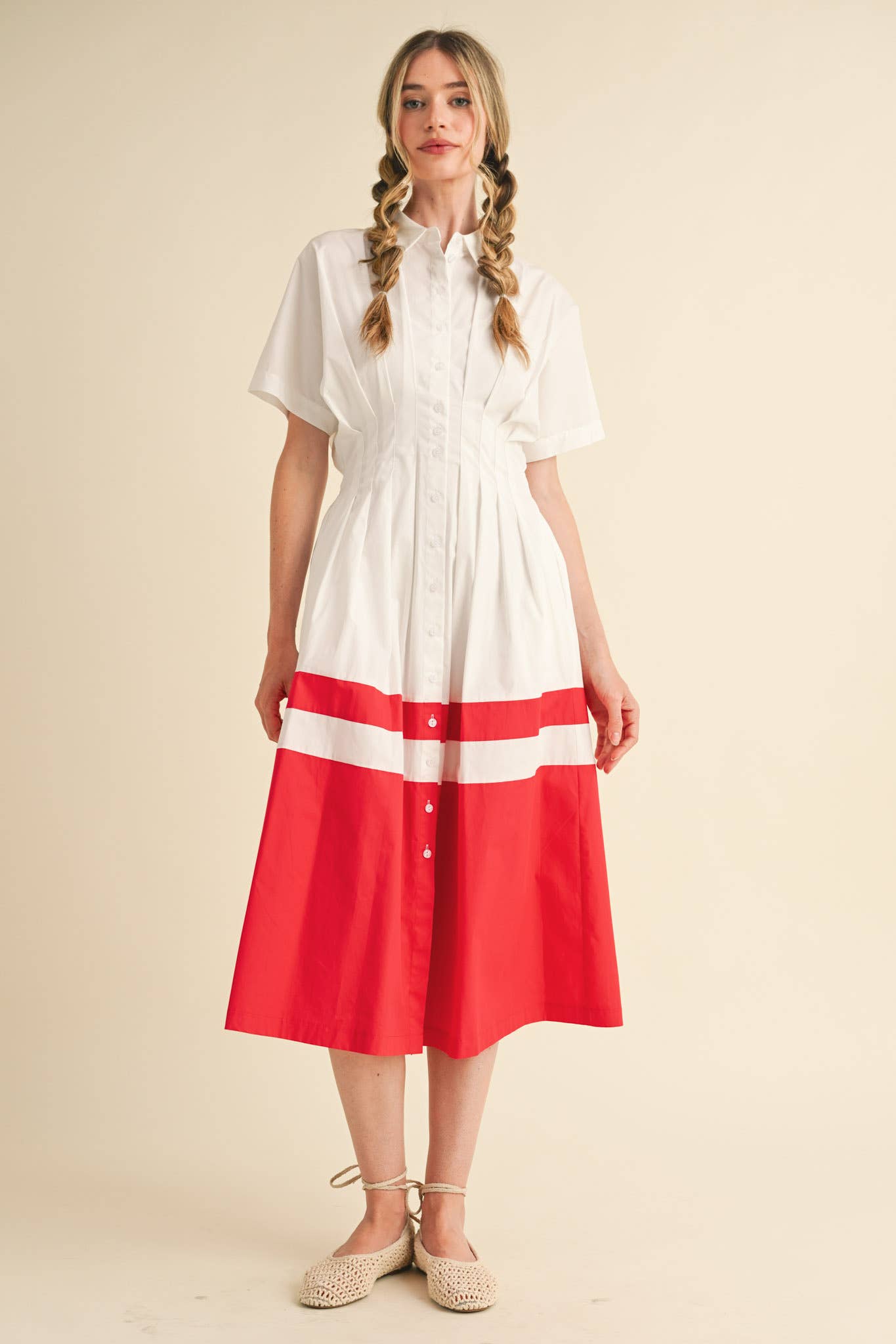 BUTTON DOWN PLEATED WAIST COLOR BLOCK MIDI DRESS MDR3556