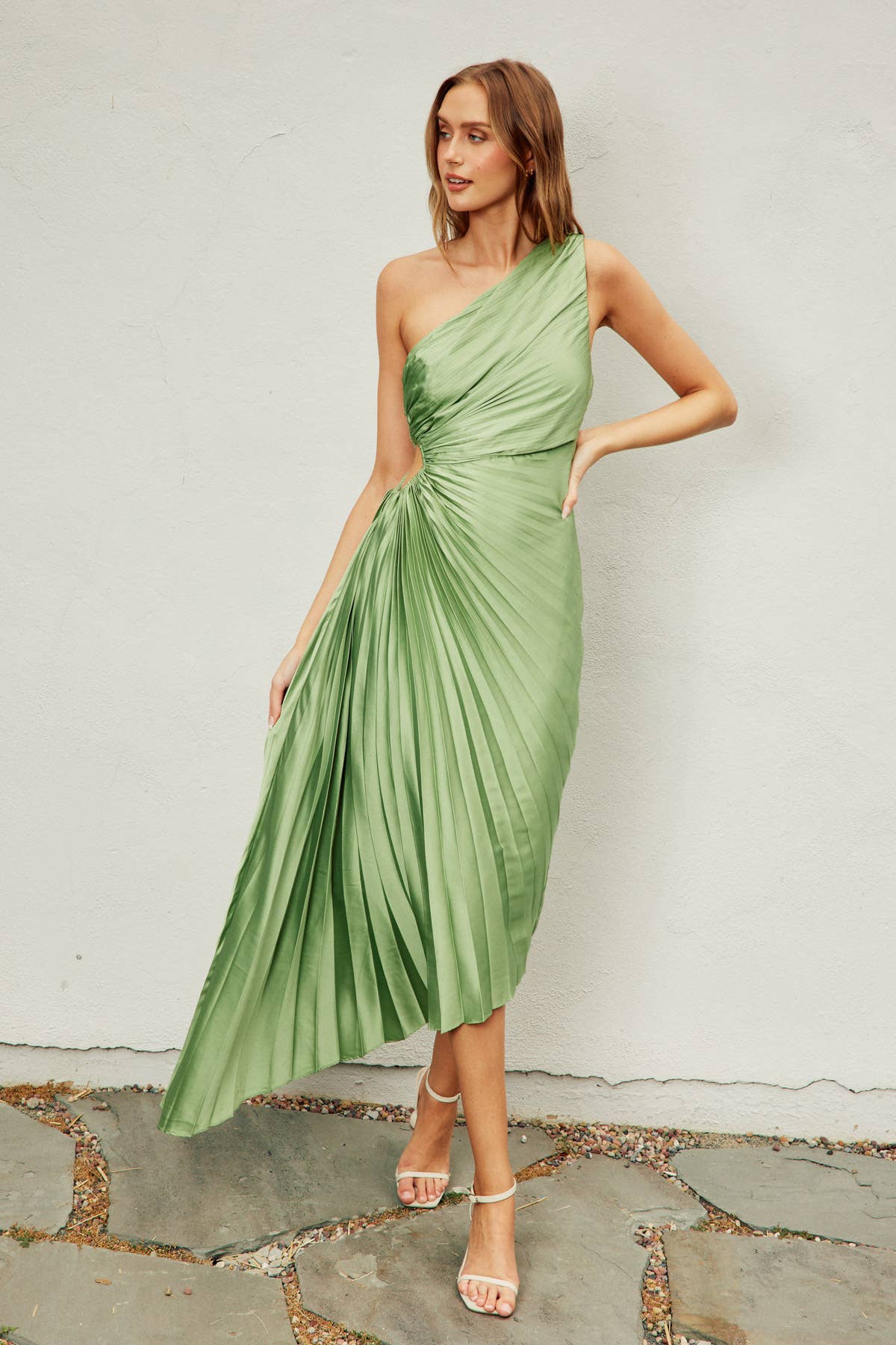 Olympia Asymmetrical Pleated Maxi Dress (1): GOLDEN OCHRE / S-M-L(3-2-1)