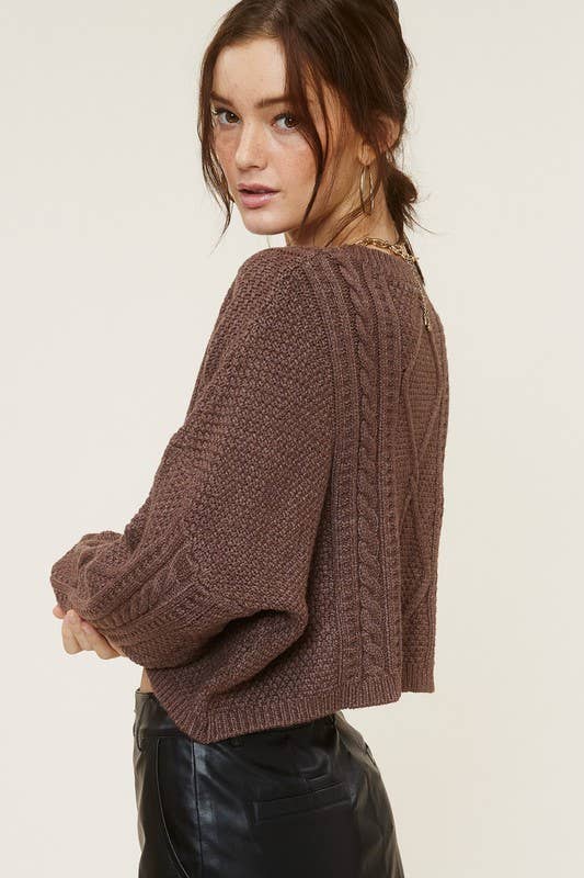 MT1506 CREWNECK CABLE-KNIT LONG SLEEVE CROPPED SWEATER: Brown