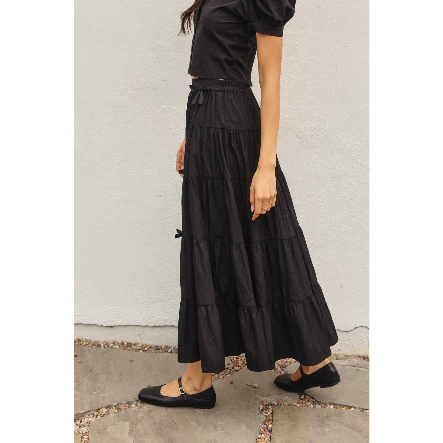 Polka Bow Tie Tiered Skirt: BLACK / FS12417-CP444