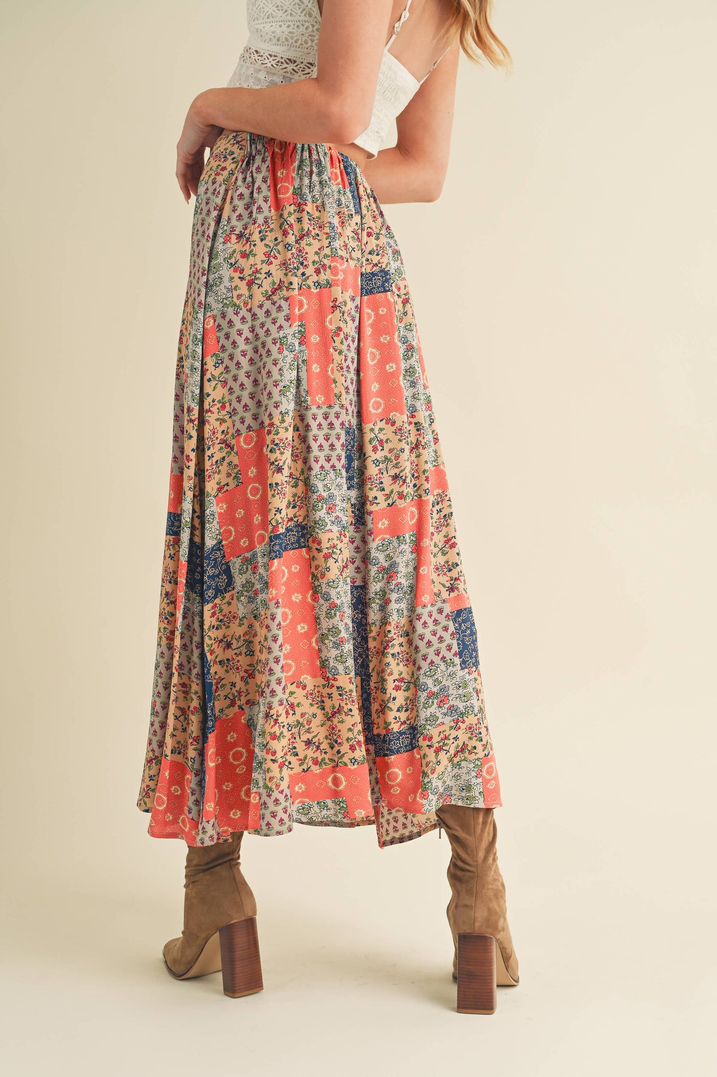 773DN-C6 Bradyn Patchwork Print Skirt / Mint/Pink