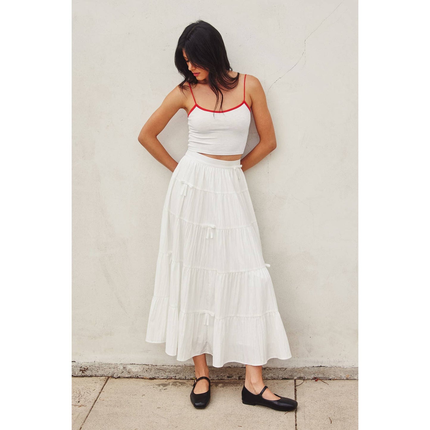 Polka Bow Tie Tiered Skirt: BLACK / FS12417-CP444