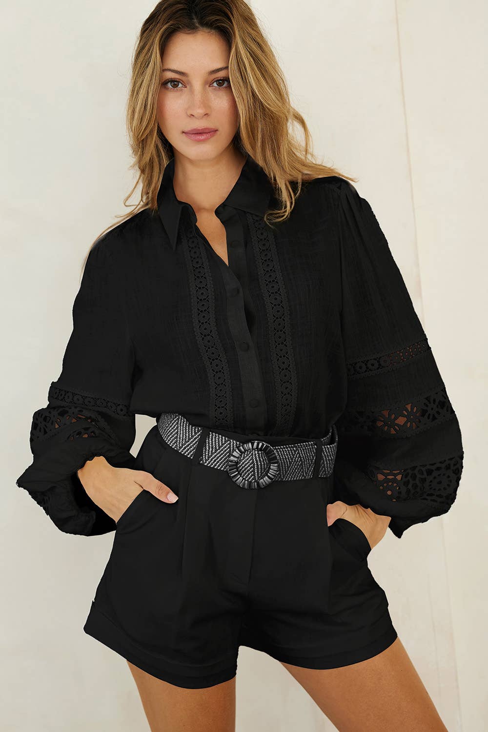 Crochet Trim Button Down Shirt: Off-White / LP1012
