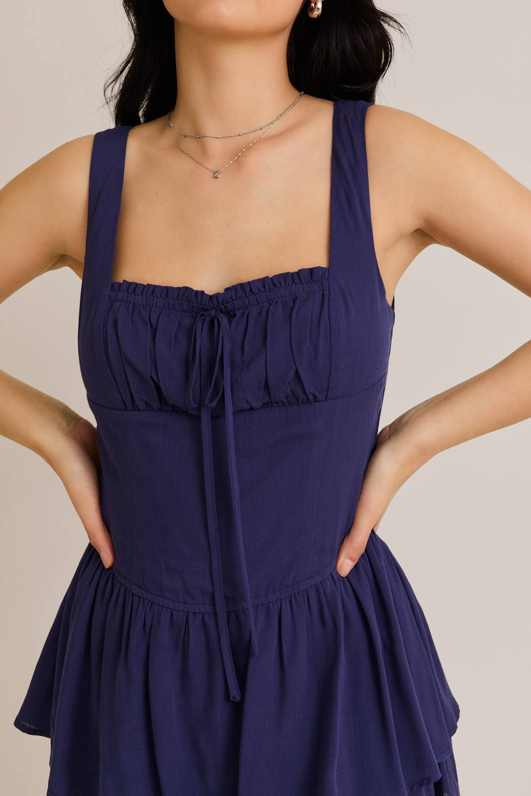 SLEEVELESS ROMPER WITH SMOCKING BACK AND SIDE ZIPPER: NAVY / PM6210