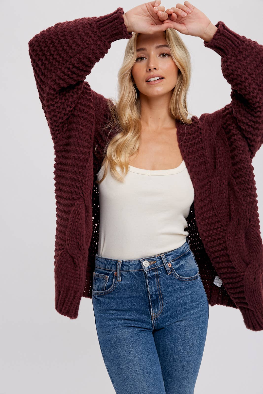 CHUNKY CABLE CARDIGAN: OLIVE / C01713