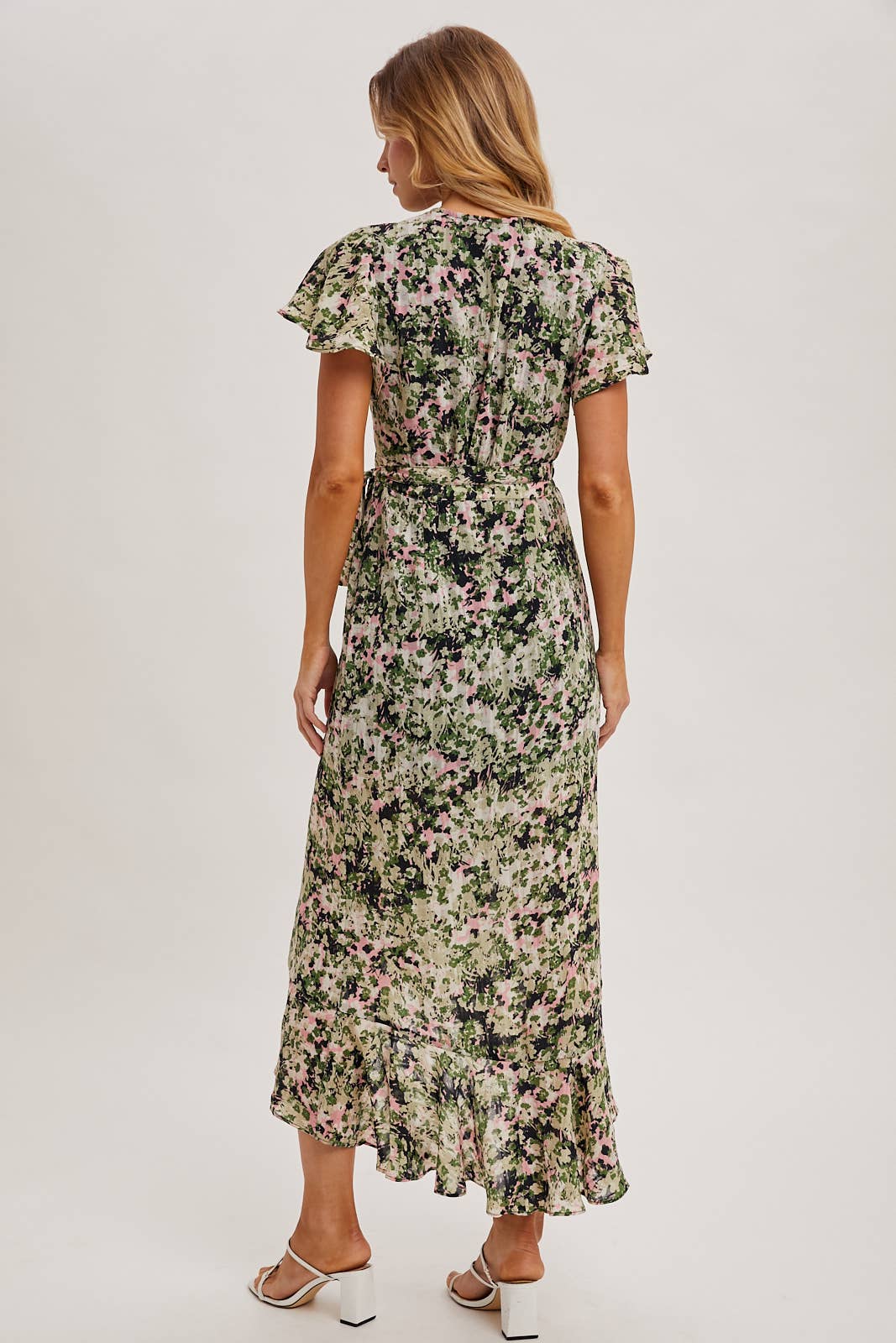 FLORAL PRINT WRAP RUFFLED MIDI DRESS: BLUE D02356