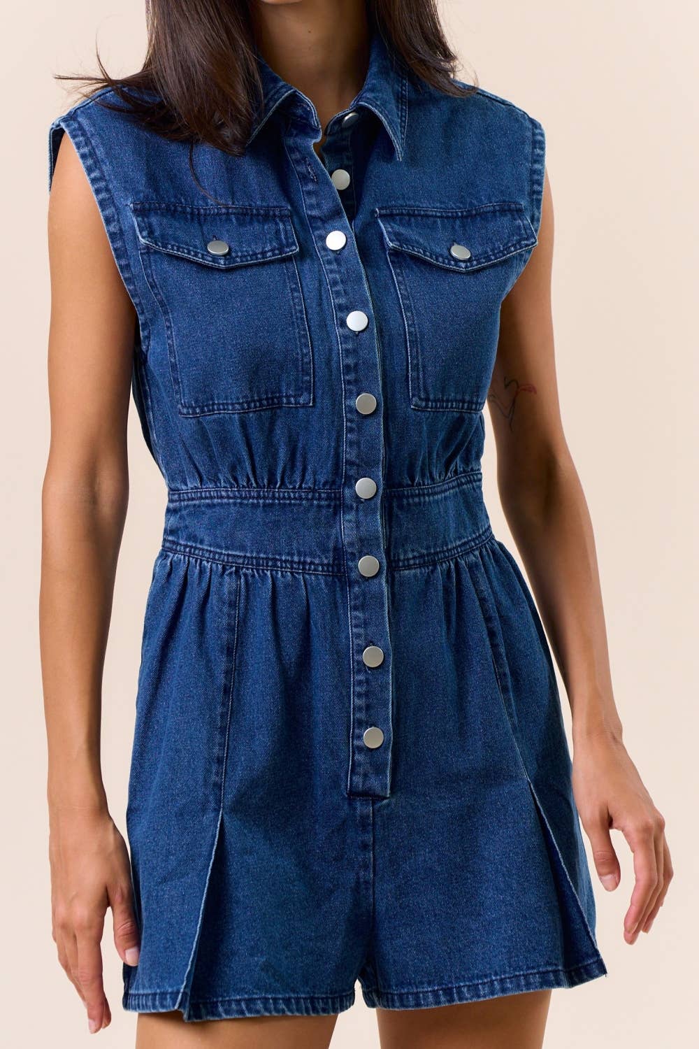 ILR4677 Sleeveless Collared Button Down Romper : WHITE