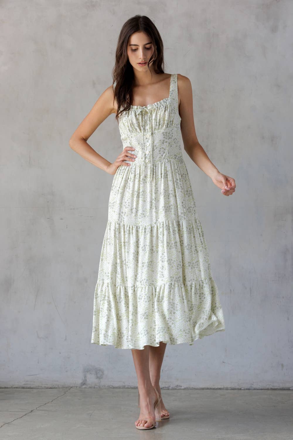 SDJD6374-1-SLEEVELESS FLORAL PRINT MIDI DRESS: IVORY/GREEN