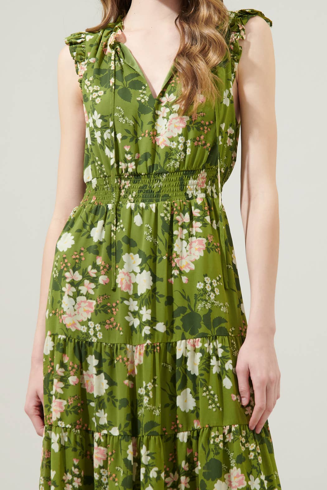 Shiloh Floral Pisces Smocked Midi Dress: IVORY-PINK-GREEN