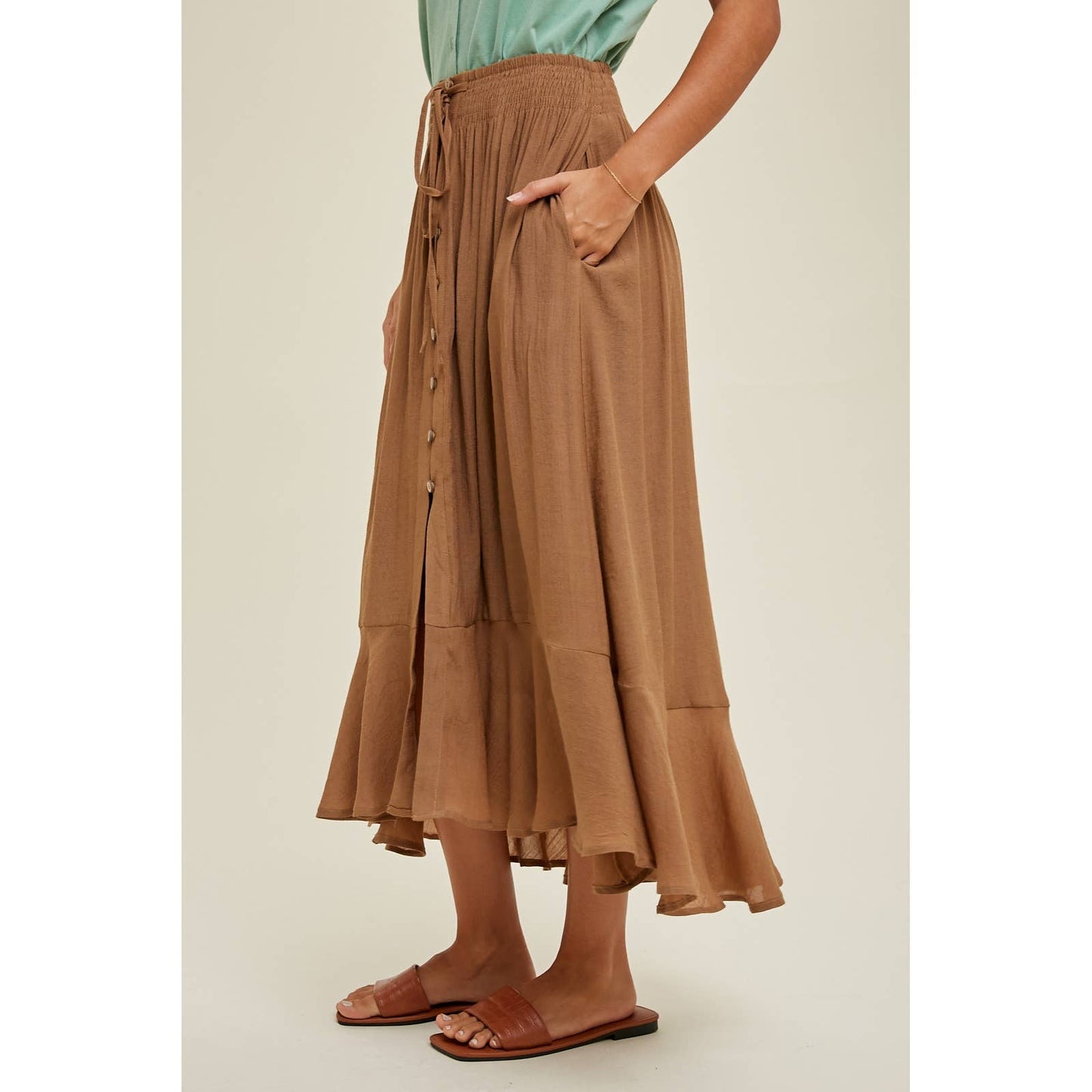 BUTTON-UP MIDI SKIRT WITH DRAWSTRING / WL23-7528: HAZELNUT