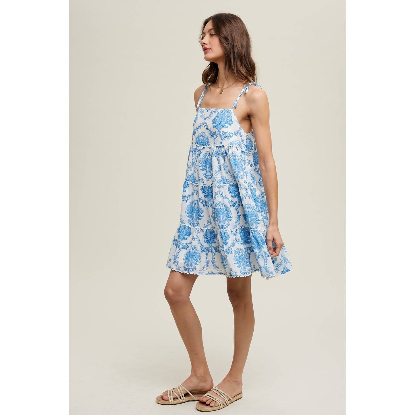 IKAT MINI DRESS WITH SELF TIE SHOULDER STRAPS / WL23-8193: IVORY/BLUE