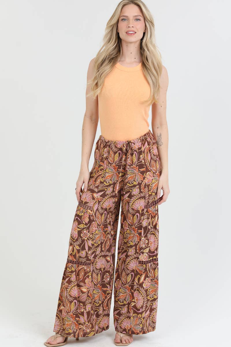 B3724-A936 TIE WAIST WIDE LEG PRINTED PANTS WITH LACE INSERT