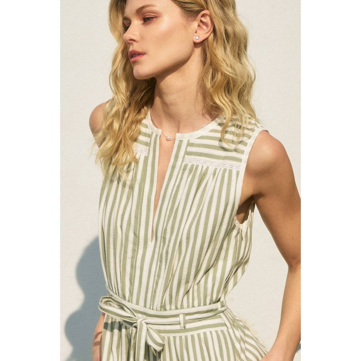Striped Split Neck Lace Inset Maxi Dress: SAGE CREAM / FD12683-CP508