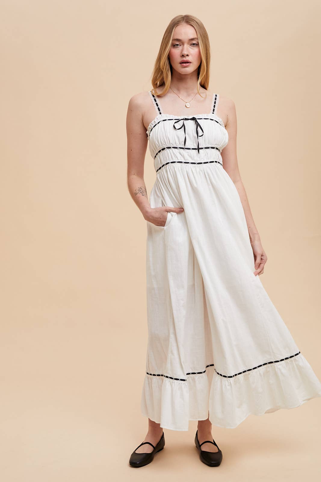 CONTRAST LACE COTTON MAXI DRESS: OFF-WHITE / ILD6204