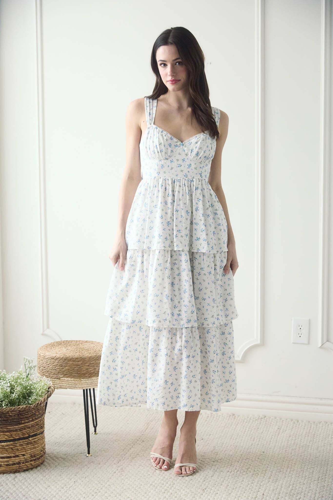 FLORAL SLEEVELESS CORSET RUFFLE TIERED MIDI DRESS: BLUE TB8824