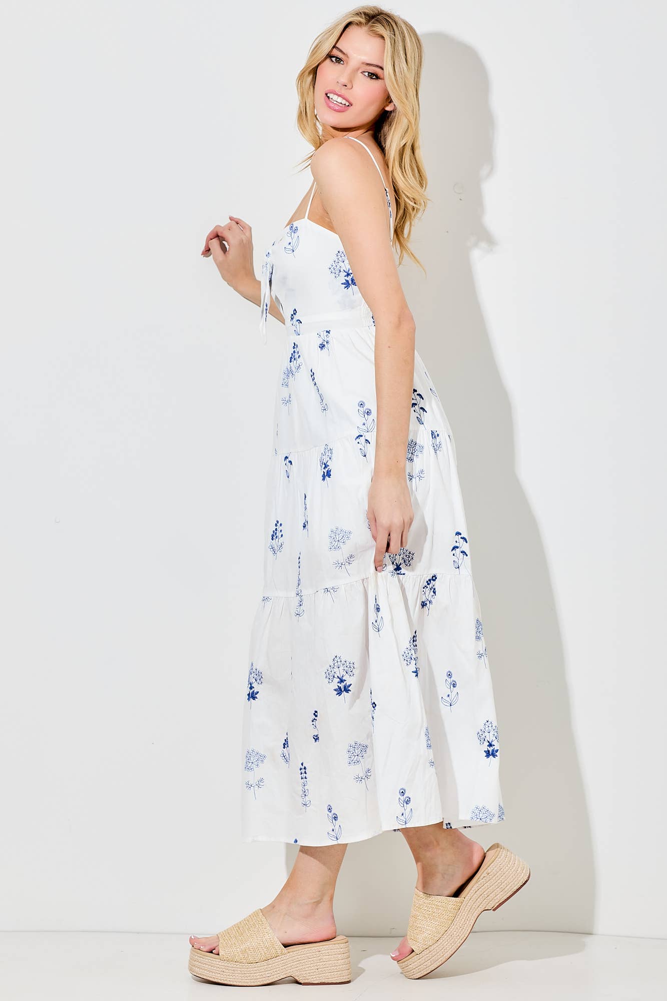 BLUE FLORAL TIE FRONT DRESS: IVORY BLUE / BD5678-B