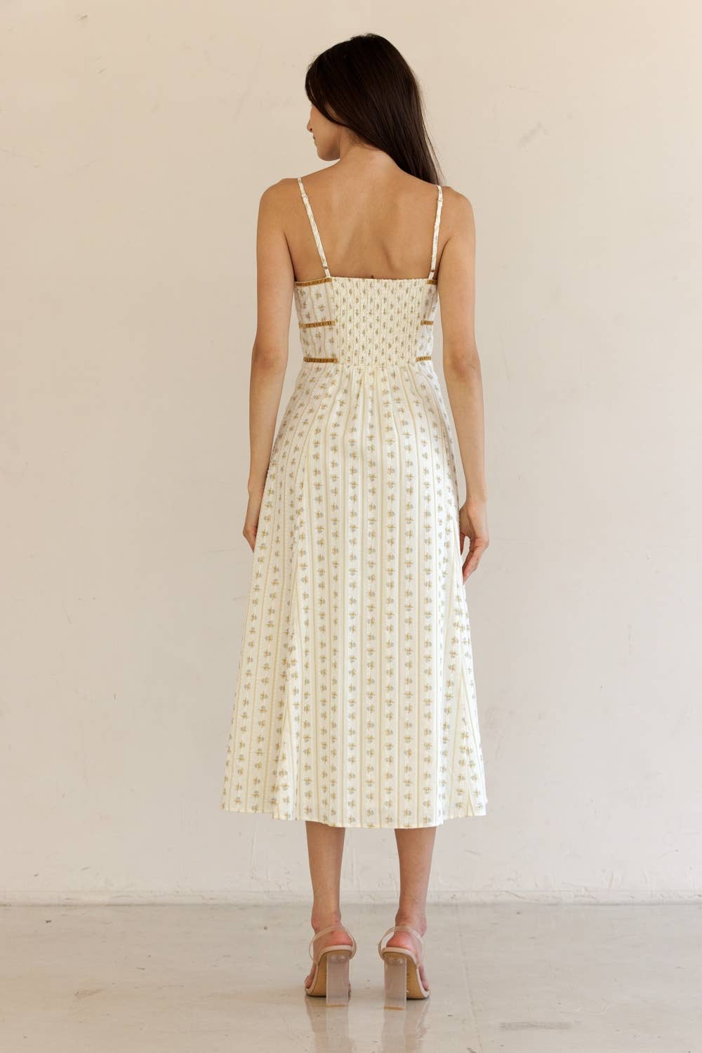 JD7723-FLORAL STRIPED MIDI DRESS: CREAM/YELLOW FLORAL