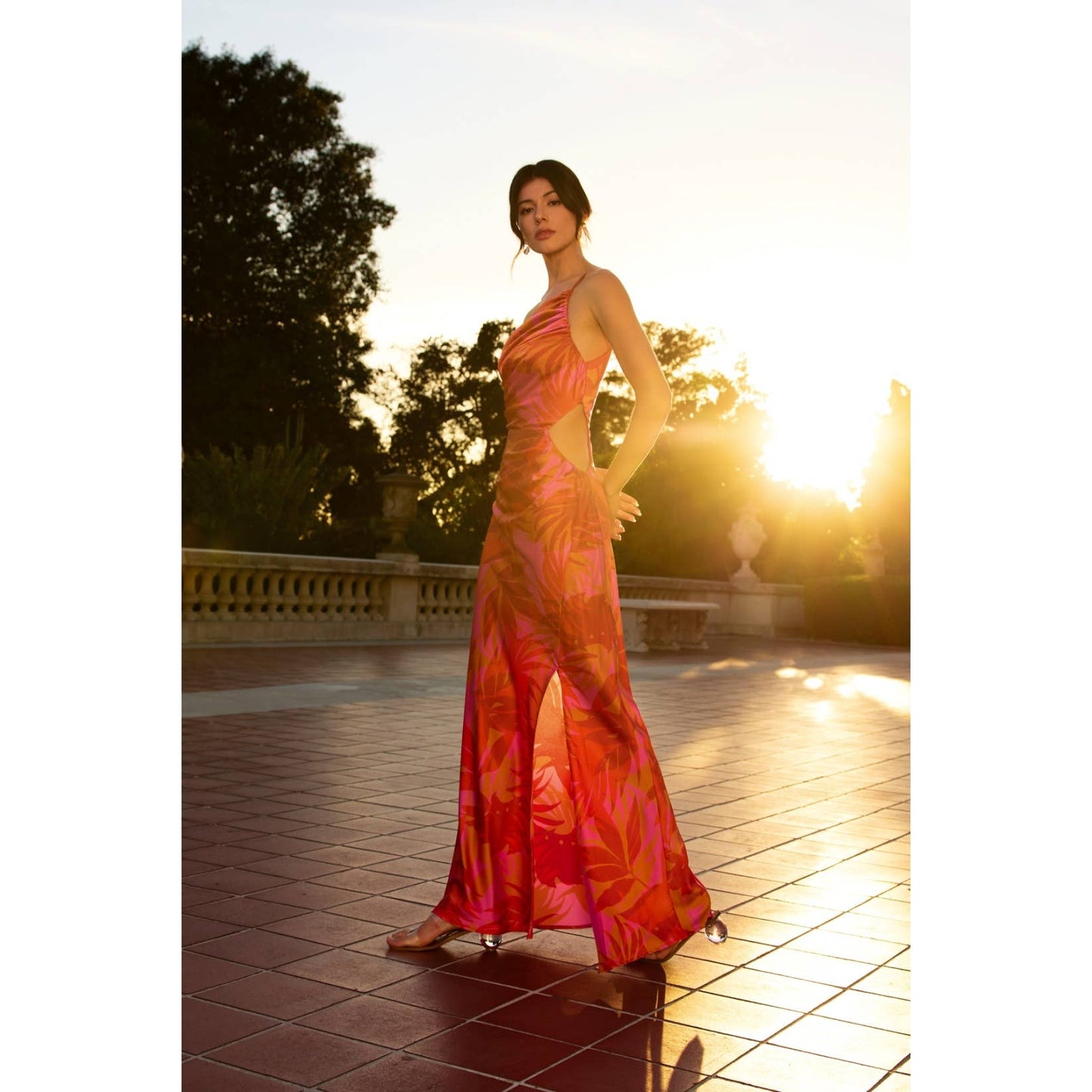 Sunset Lover One Shoulder Ruched Maxi Dress: FLAME SCARLET / FD12686-P1931_1