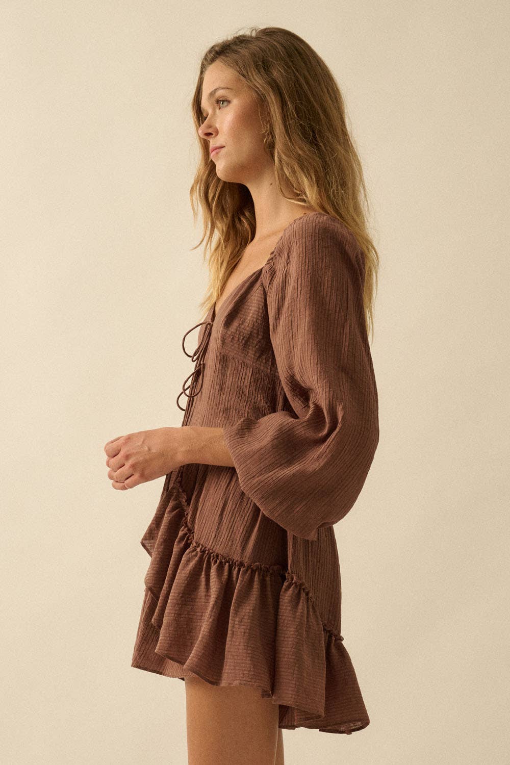 Tonal-Stripe Ruffled Tie-Front Peasant Romper: OATMEAL / NPC2301