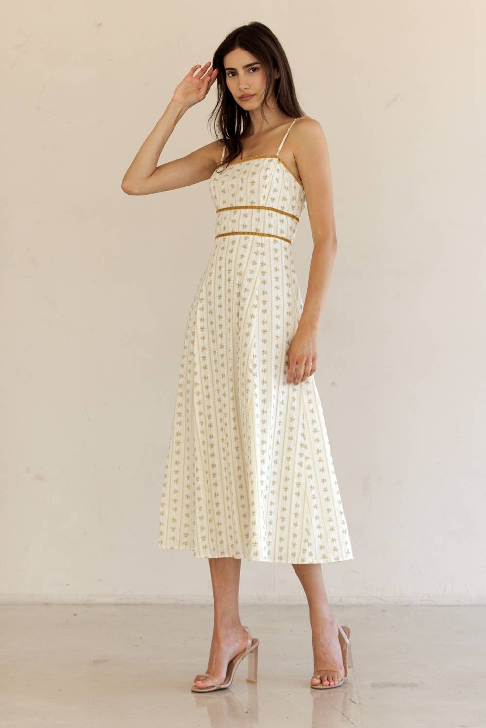 JD7723-FLORAL STRIPED MIDI DRESS: CREAM/YELLOW FLORAL