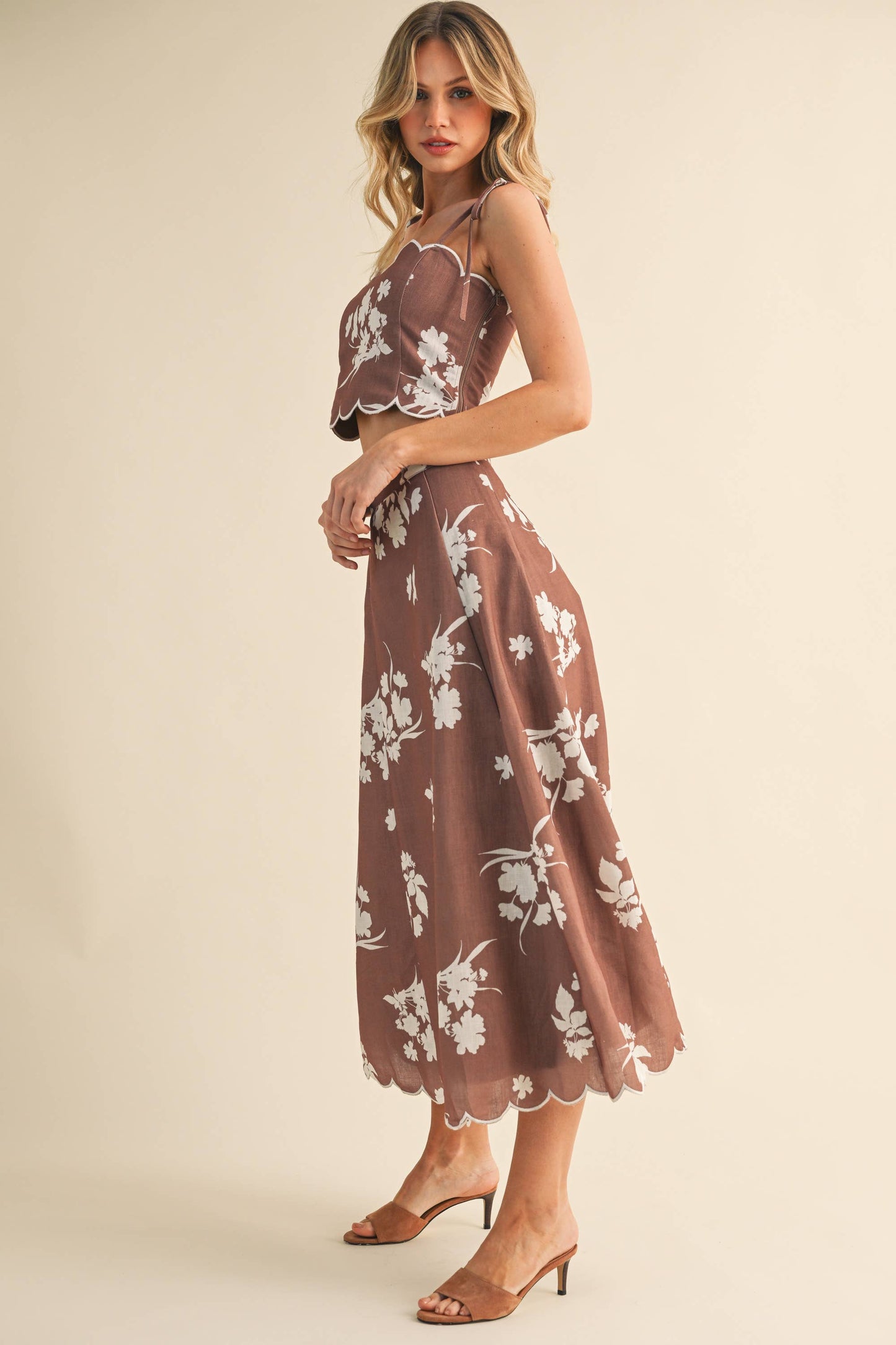 Top onlyyy💖 IST5941 FLORAL SCALLOPED CROP TOP AND MIDI SKIRT SET: IVORY/SAGE