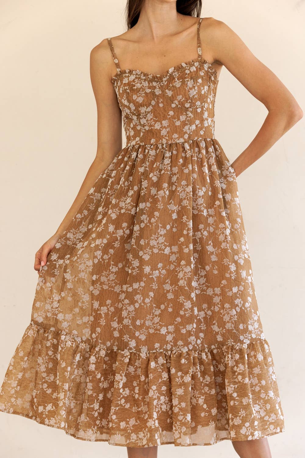 HD1724-39-FLORAL PRINT RUFFLED HEM MIDI DRESS: DK CORAL/FLORAL
