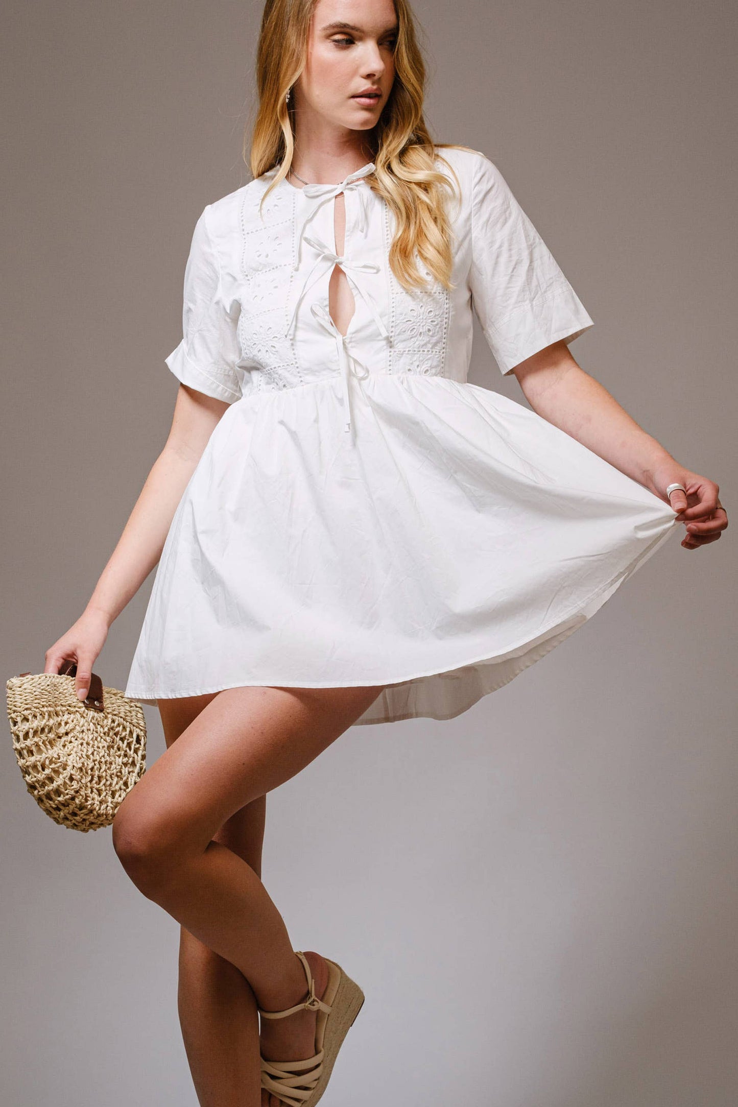 23318D - Eyelet Lace Tie Front Short Sleeve Mini Dress: OFF WHITE