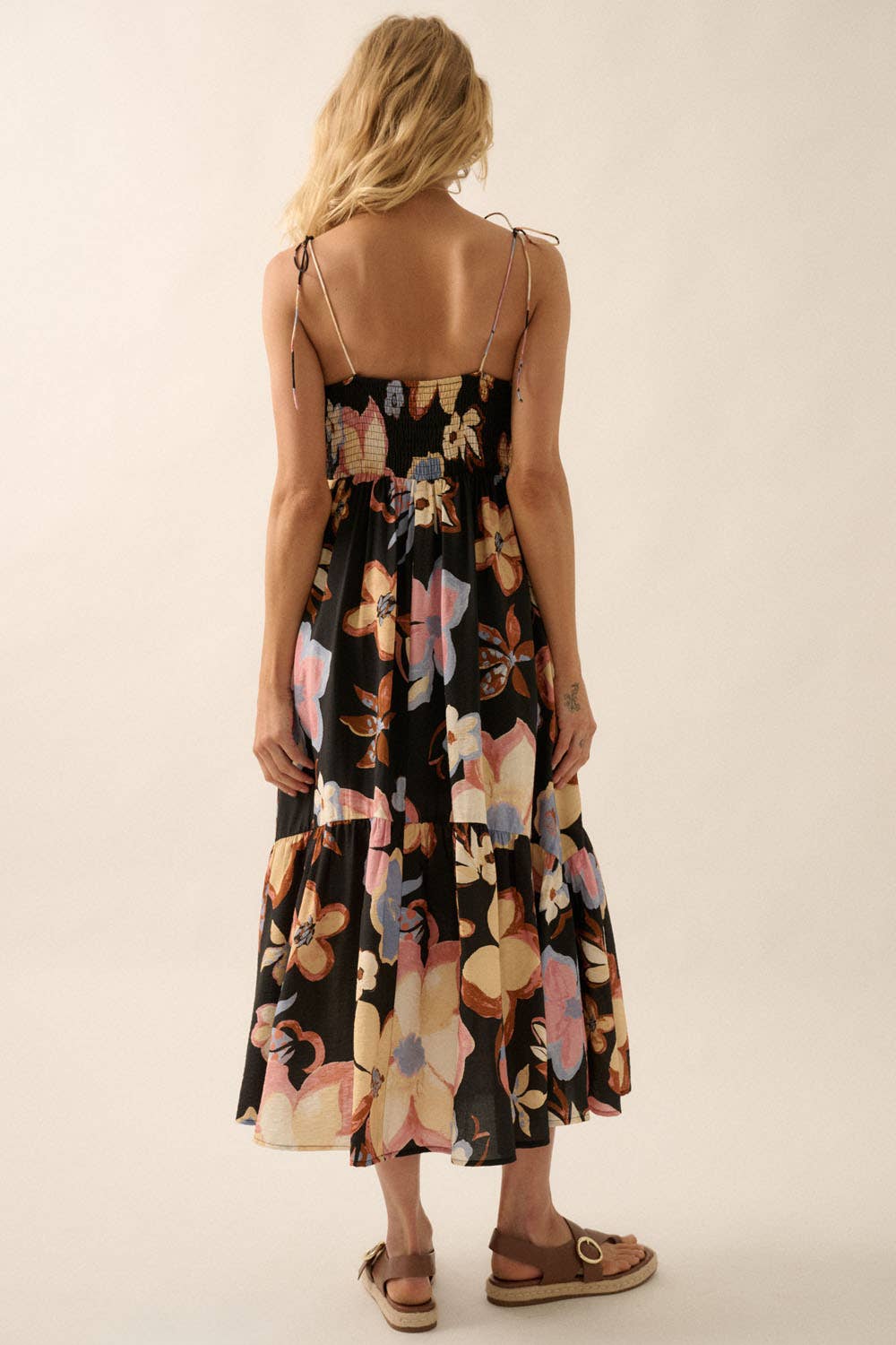 Textured Floral-Print Tie-Front Ruffle Midi Dress: CREAM / NDC2208C