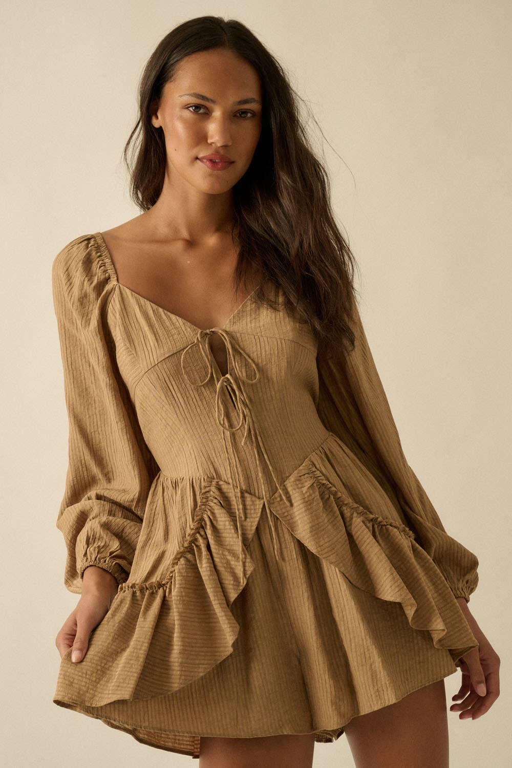 Tonal-Stripe Ruffled Tie-Front Peasant Romper: OATMEAL / NPC2301
