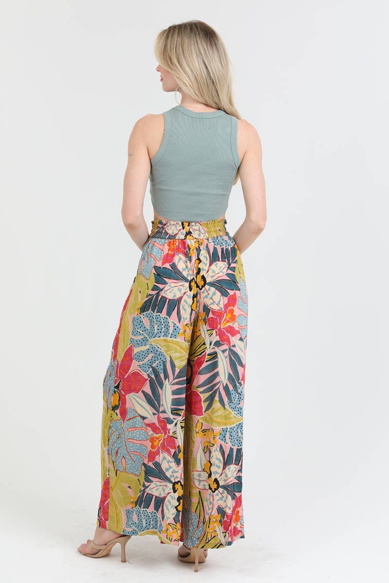 25T20-A865 TROPICAL PRINT WIDE LEG SMOCKED WAIST PANTS