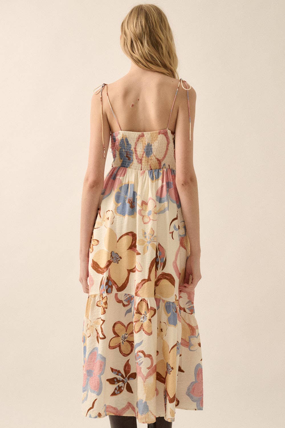 Textured Floral-Print Tie-Front Ruffle Midi Dress: CREAM / NDC2208C