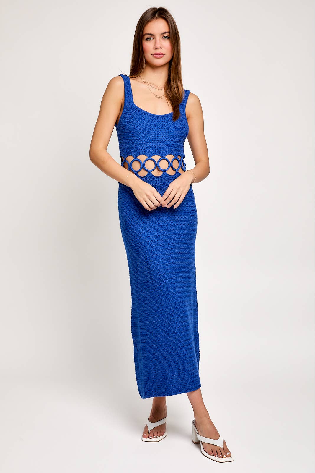 SQUARE NECK SLEEVELESS CROCHET MIDI DRESS: CREAM / MWD6871