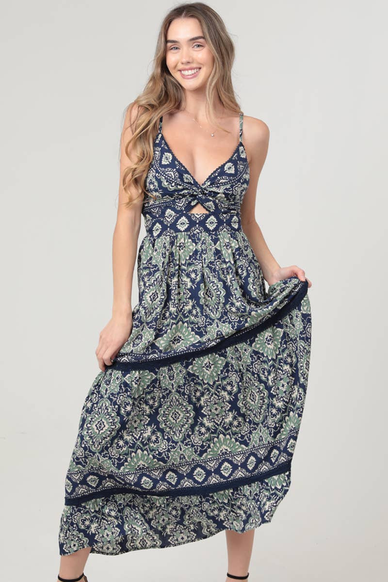 F4F48-A902 V NECK TWIST FRONT CUT OUT LACE TRIM MAXI DRESS