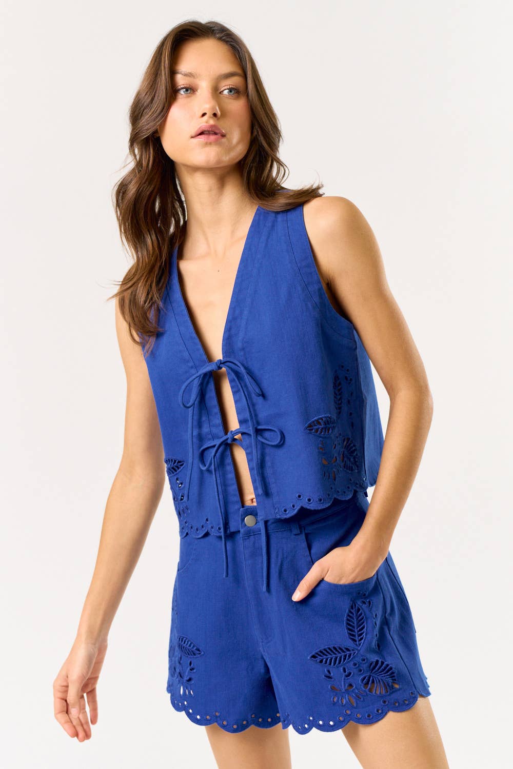 ILT5284 Front Tie Embroidered Vest: Brown