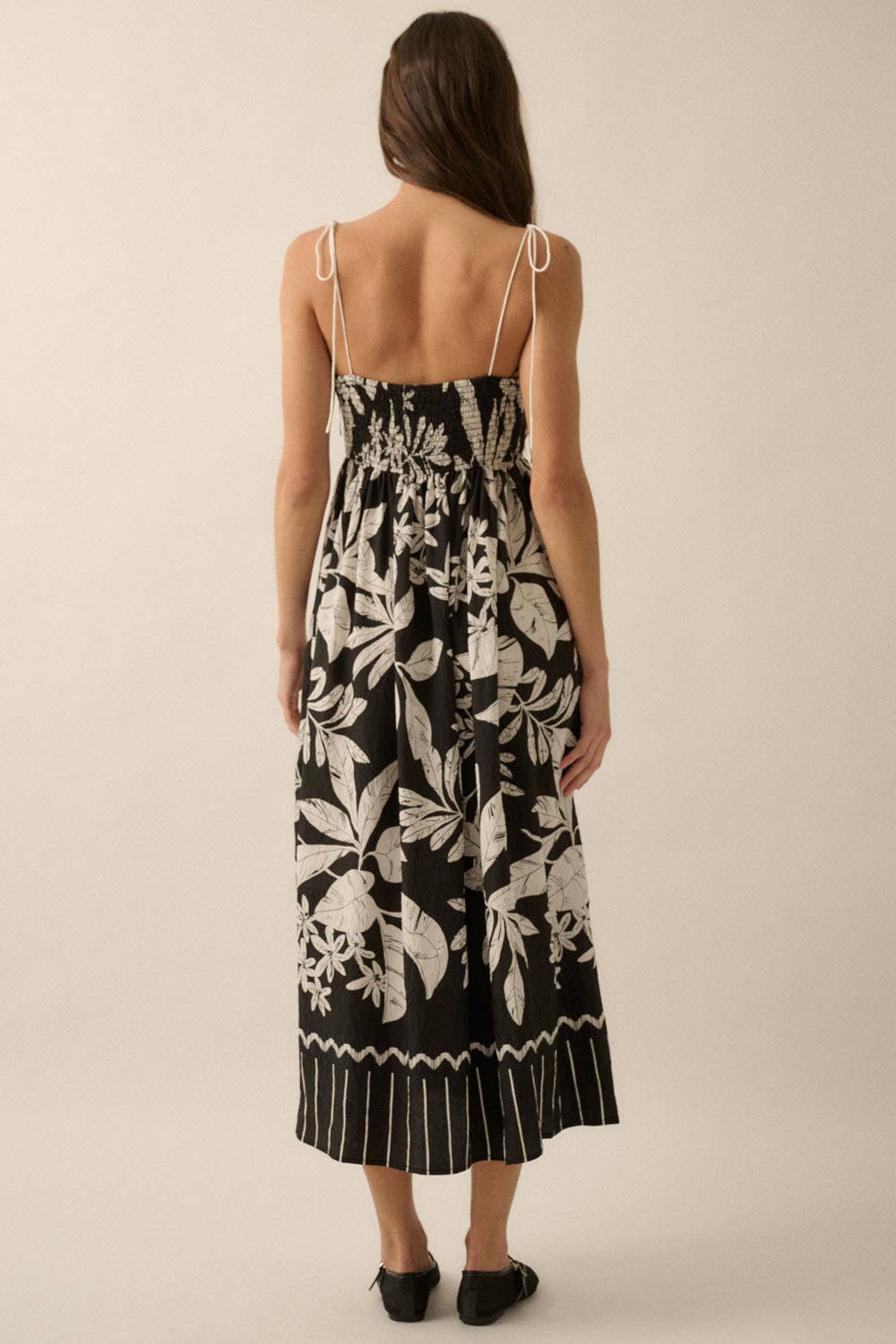 Tropical-Print High-waist Fit-and-Flare Maxi Dress: BLACK / YDC1828C