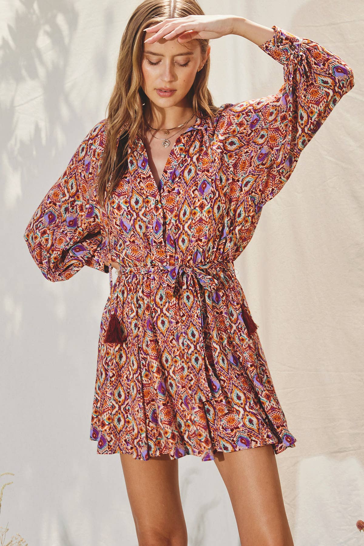 FD11360-P1115 - Mirage Tie Waist Mini Dress: ROYAL DESERT - Dress Forum